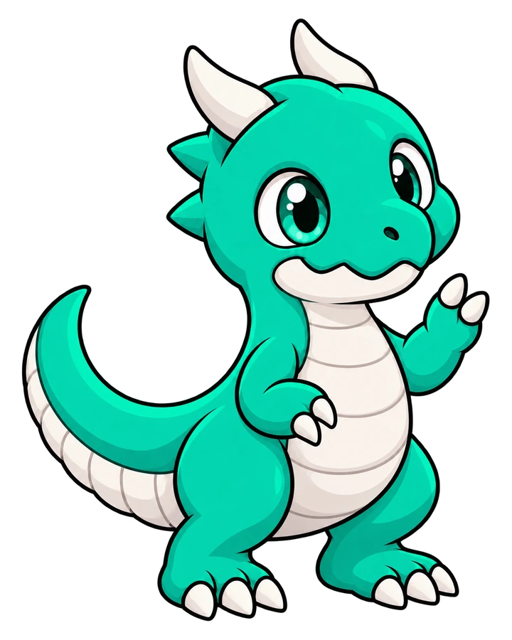 The baby dragon smiles and raises a two-clawed hand to wave hello.