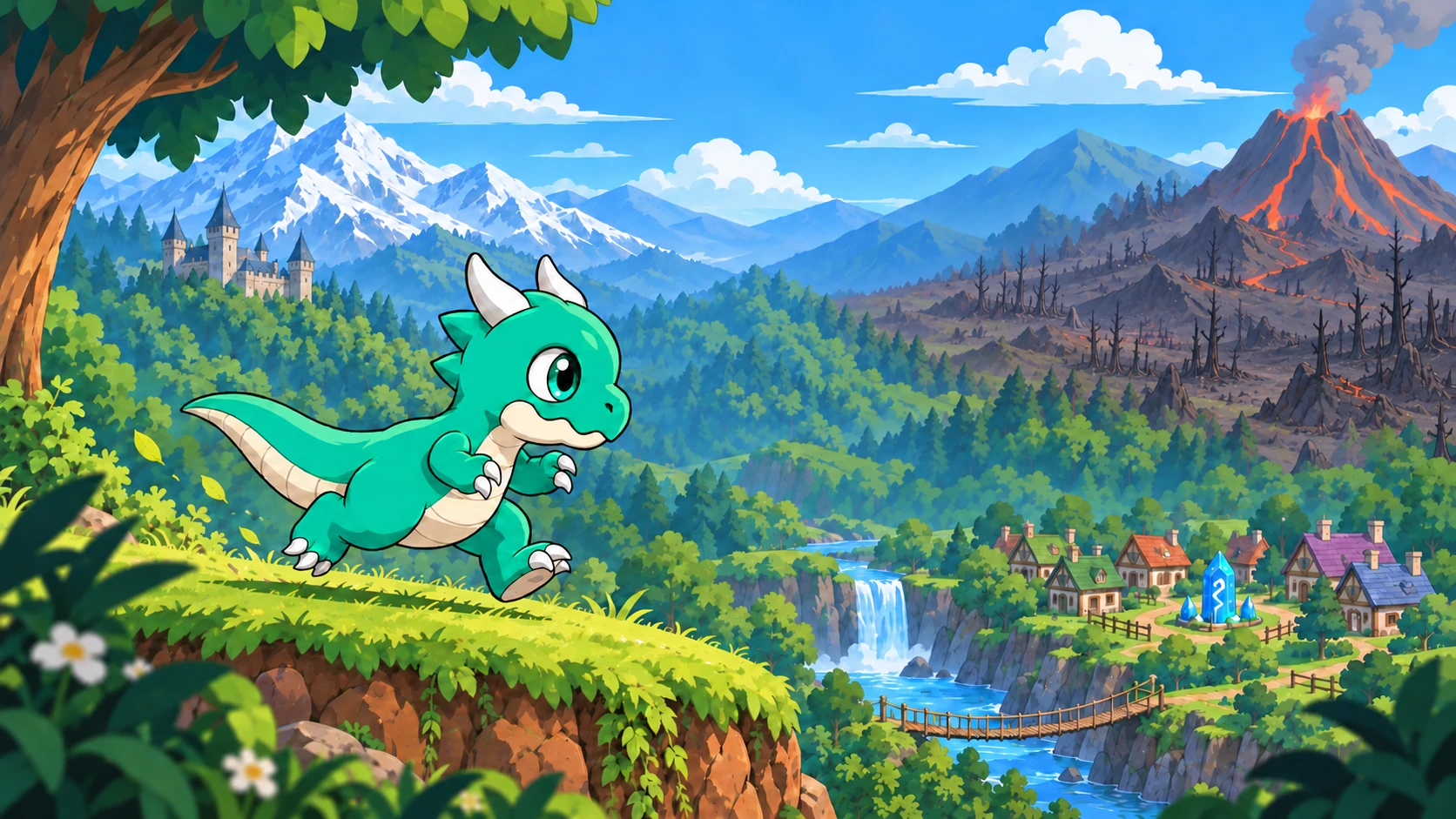 A turquoise baby dragon runs along a sunlit cliff above forests, waterfalls and a distant village.