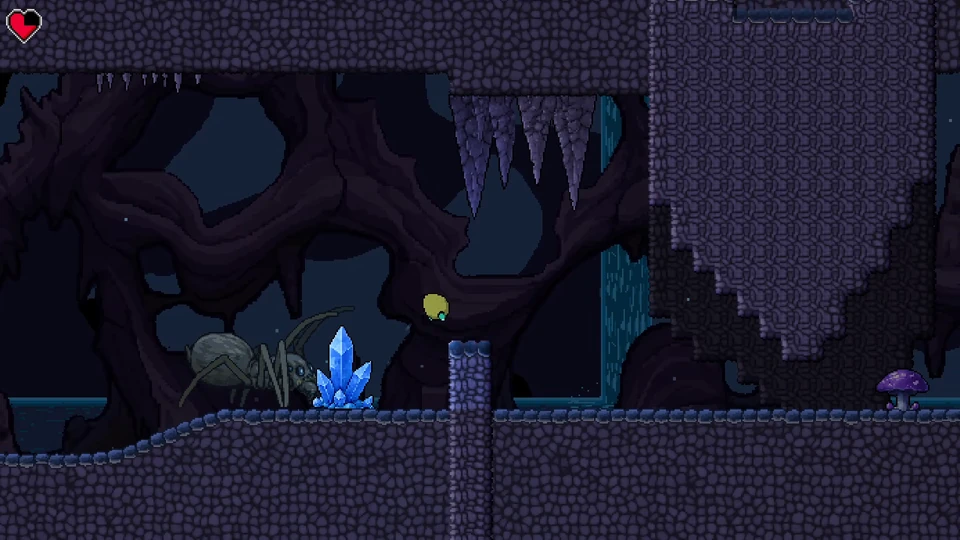 The eggling flees a giant spider through a dark crystal cavern.