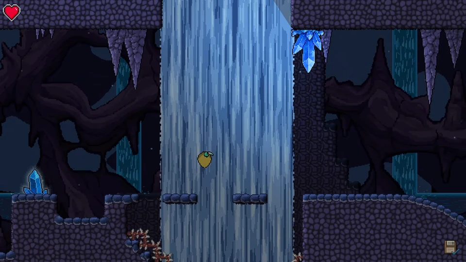 A small eggling explores a deep blue cavern filled with waterfalls and glowing crystals.