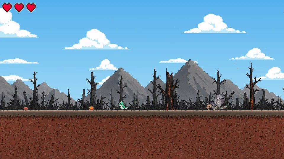 The baby dragon crosses a burned landscape beneath grey mountains, approaching an armoured creature.