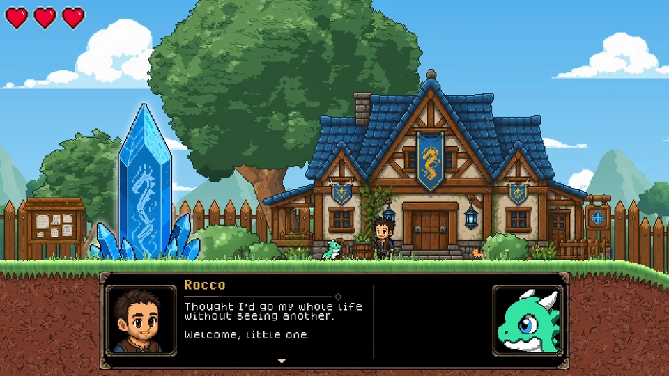 Rocco greets the baby dragon in the sunlit village.