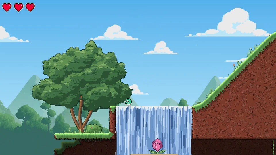 The green Slime Bounce form leaps over a waterfall between grassy hills.