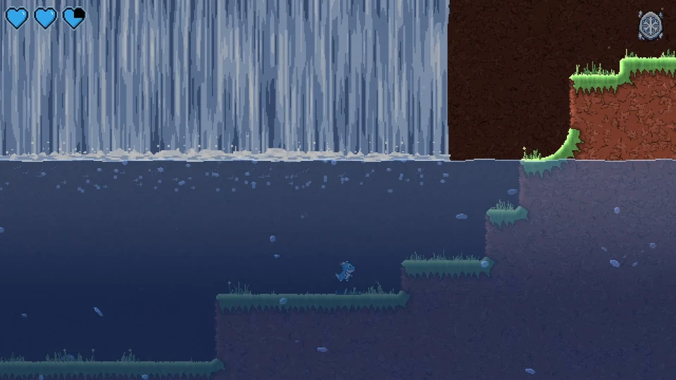 The blue dragon explores underwater ledges below a broad waterfall.