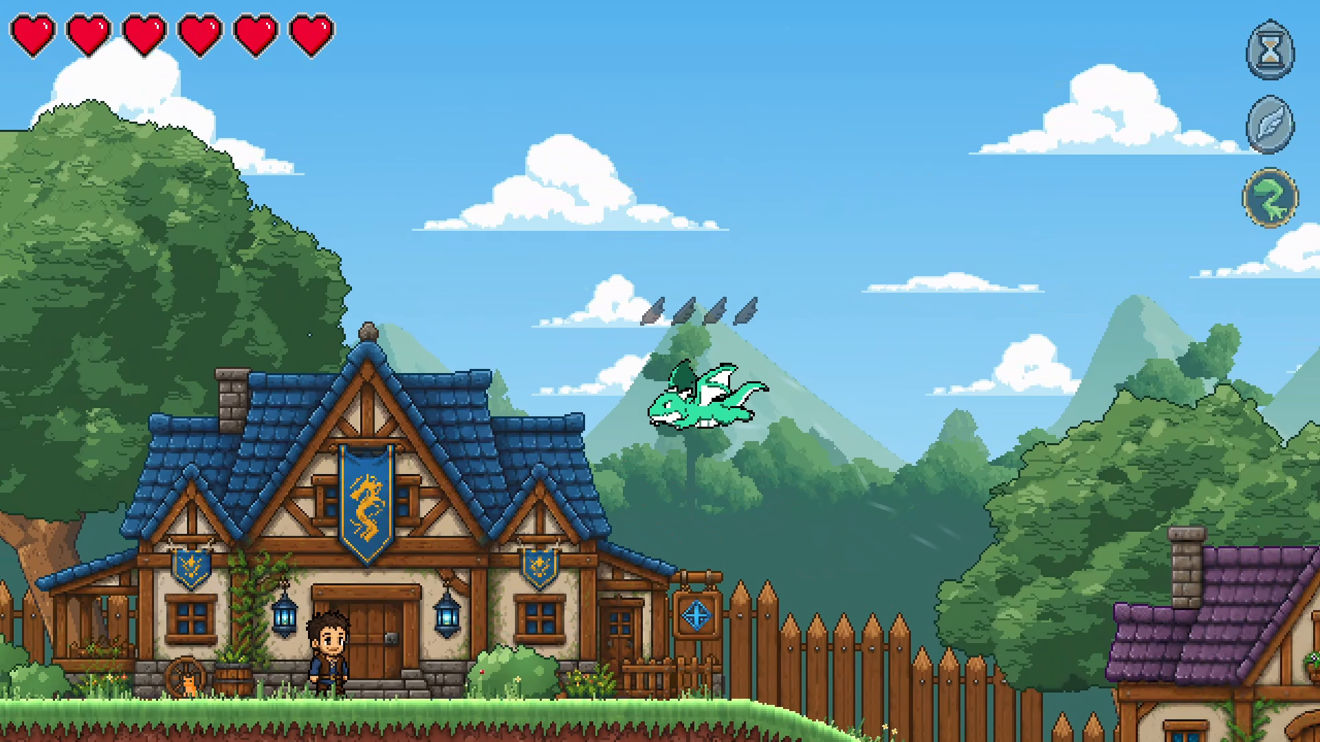 The adult dragon flies over the rooftops of Emberwyn Village.