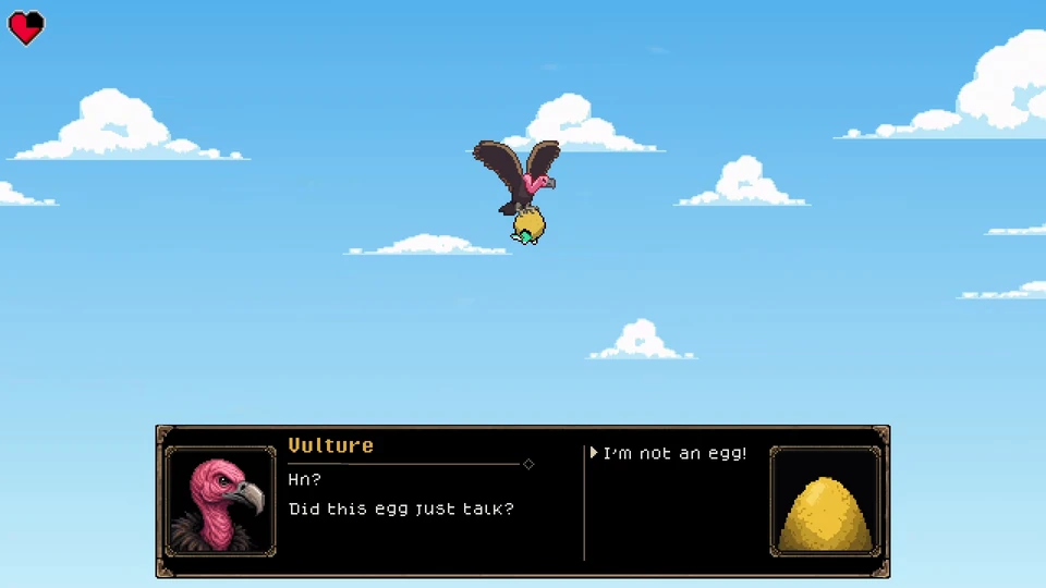 A vulture carries the eggling high above the ground while they talk.