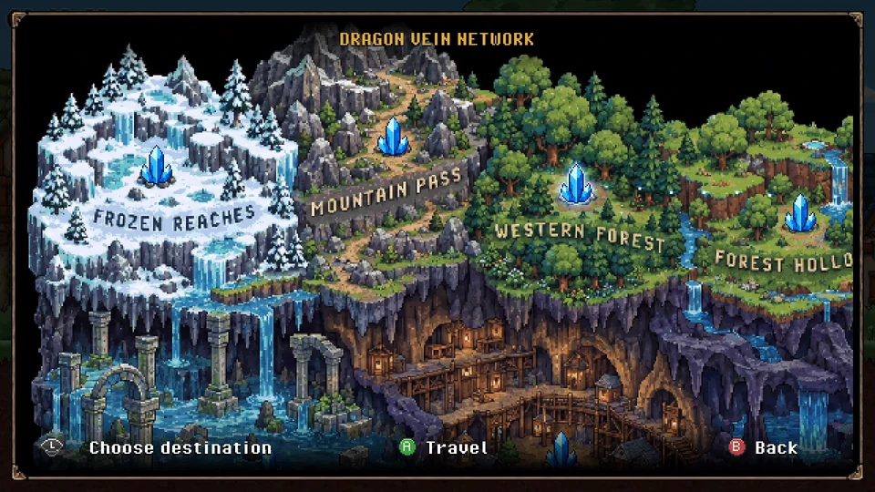 The illustrated world map shows forests, frozen mountains and underground regions.